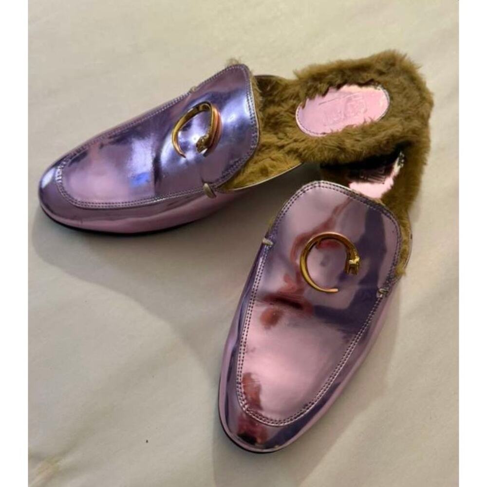 Roberto Cavalli Faux Fur Metallic Mules Pink Women's sz. EU 39.5 US 9